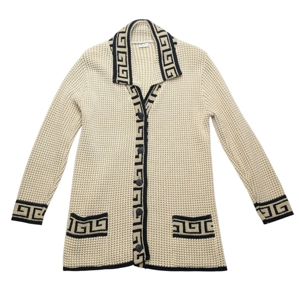 Arnon Collection Cardigan Women XXL Cream Black Greek Key Waffle Knit Button Up